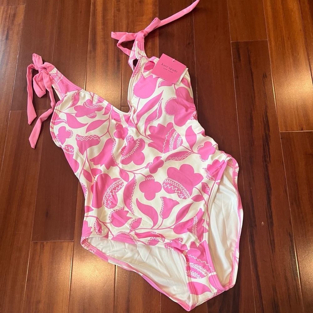 Kate Spade New York Pink Floral Swimsuit Tie Straps One-Piece Swim Size Large